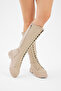 Women's Beige Thick Poly Sole Lace-Up and Zippered Below-The-Knee Boots - 4