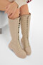 Women's Beige Thick Poly Sole Lace-Up and Zippered Below-The-Knee Boots - 2