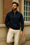 Men's Winter Navy Blue Oversized Zippered Sweatshirt - 3