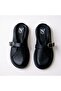 Black Genuine Leather Buckle Women's Daily Comfortable Sabo Slippers - 2