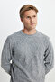 Gray Melange Standard Fit Regular Cut Crew Neck Fleece-Lined Soft Textured Knitwear Sweater - 4