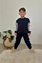 3-10 Years Old Boy's Navy Blue-White Striped 3 Thread Fleece-Lined Winter Tracksuit Set - 2