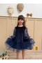 Navy Blue Hem Ruffled Long Ruffle Tulle Sleeve Velvet Fabric Girls Kids Baby Girl Dress - 4
