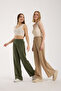 Linen Fabric High Waist Striped Elastic and String Lace-Up Waist Detailed Trousers - 3