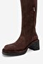Fros Brown Suede Genuine Leather Women's Thick Heeled Boots - 4