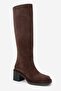 Fros Brown Suede Genuine Leather Women's Thick Heeled Boots - 3