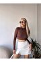 Women's Brown Backless Lace Detailed Mock Neck Long Sleeve Viscose Blouse - 3