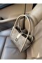 Women's Suede Taupe Lock Detail Three-Compartment Hand and Shoulder Bag with Removable Makeup Bag Lemina - 2