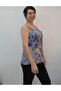 Blue Black Cream Floral Patterned Rope Strap Combed Cotton T-Shirt - 4