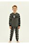 Boy's Diamond Patterned Soft Thick Winter Applique Embroidered Fleece Pajama Set Keeps Warm