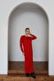 25015 Women's V Pattern Knitted Premium Anti-Pilling Knitwear Long Dress Red - 3