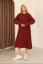 Women's Burgundy Round Neck Patterned Pocketed Vintage Loose Cotton Knit Midi Dress - 2