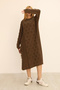 Women's Brown Round Neck Patterned Pocketed Vintage Loose Cotton Knit Midi Dress - 4