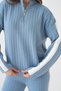 Women's Mock Neck Half Zipper Knit Detail Sweater Pants Double Knitwear Set - 2