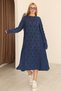 Women's Navy Blue Round Neck Patterned Pocketed Vintage Loose Cotton Knit Midi Dress