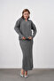 Women's Polo Neck Half-Button Placket Knit Detail Sweater Skirt Two-Piece Knit Set - 4