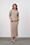 Women's Polo Neck Half-Button Placket Knit Detail Sweater Skirt Two-Piece Knit Set - 6