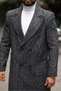 Men's Black and White Patterned Cashmere Coat with Pocket Detail - 2