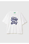 Women's White-Blue Text 100% Cotton Front Text Printed Crew Neck T-Shirt - 2