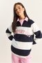 Women's Navy Blue White Polo Collar Embroidered Striped Sweatshirt 8658 60283852 - 5