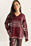 Women's Burgundy Plaid Patterned V-Neck Shawl Collar Knitwear Sweater Tk251134 60283833