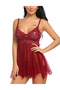 Womens 2 Piece Lace Sheer Mesh V Neck Babydoll Teddy Lingerie Set Wine Red Large