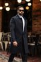 Men's Modern Fit Hidden Button Detail Navy Blue Cashmere Coat