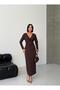 Double-Breasted Collar Long Sleeve Gathered Accessory Waistband Detail Back Slit Maxi Length Crepe Dress - 6