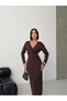 Double-Breasted Collar Long Sleeve Gathered Accessory Waistband Detail Back Slit Maxi Length Crepe Dress - 5