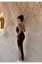 Degaje Draped Gold Accessory V-Neck Backless Side Ruched Side Slit Lined Long Dress - 3