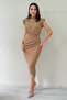 Women's Shoulder Pad Piece Drape Detailed Suede Dress Black, Mink - 6