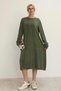 Women's Khaki Round Neck Patterned Pocketed Vintage Loose Cotton Knit Midi Dress - 2