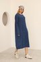 Women's Navy Blue Round Neck Patterned Pocketed Vintage Loose Cotton Knit Midi Dress - 3