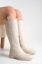 Beige Leather Women's Boots Riding Below the Knee Zippered Non-Slip Sole Thick Heeled Horsey - 6