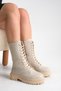 Beige Leather Women's Boots Mia Lace-Up Internal Zipper Thick Sole Waterproof - 7