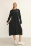 Women's Black Round Neck Patterned Pocketed Vintage Loose Cotton Knit Midi Dress - 5