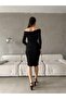 Flexible sandy fabric midi length pencil cut strapless neck long sleeve evening dress 582724 black - 4