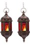 Hanging Hexagon Moroccan Candle Lanterns, 2-Pack, Bronze Metal with Red & Purple Glass