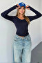 Navy Blue V-Neck Finger-Touch Detail Buzzy Fabric Slim Fit Body-Blouse - 2