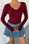 Burgundy V-Neck Finger Insert Detail Buzzy Fabric Slim Fit Body-Blouse - 2