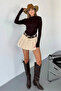 Brown Mock Neck Finger Insert Detail Buzzy Fabric Slim Fit Body-Blouse - 3