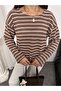 Women's Crew Neck Striped Oversized Knitwear Sweater 8955 - Brown - 2