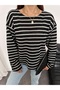 Women's Crew Neck Striped Oversized Knitwear Sweater 8955 - Black - 2