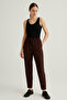 Women's Dark Brown Elastic Waist Ankle Length Double Fabric Pants - 7