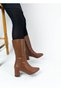 Genuine Leather Tan Color Pointed Toe Thick Heel Below the Knee Women's Boots between Sizes 36-40 - 5
