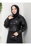 Women's Black Belted Shoulder Epaulettes Trench Coat Look Short Faux Leather Jacket