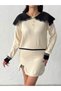 Women's Ecru Collar and Slit Detailed Blouse Mini Skirt Top and Bottom Two-Piece Knitwear Set - 4