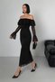 Glitter Tulle Fabric Long Sleeve Graduation Flounce Neckline Black Evening Dress
