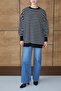 25034 Women's Oversized Striped Balloon Sleeve Long Sweater Black - 6