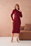 Women's Polo Neck Half-Button Placket Fabric Button Detail Belted Ribbed Knit Dress - 5
